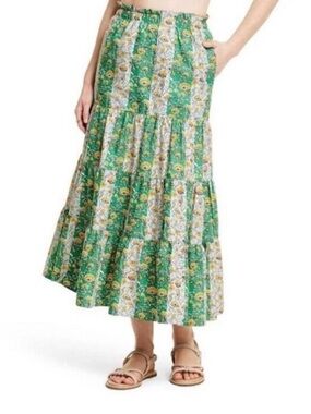 Rhode Boho Green Floral Tiered Maxi Skirt Size 2X elastic waist casual new